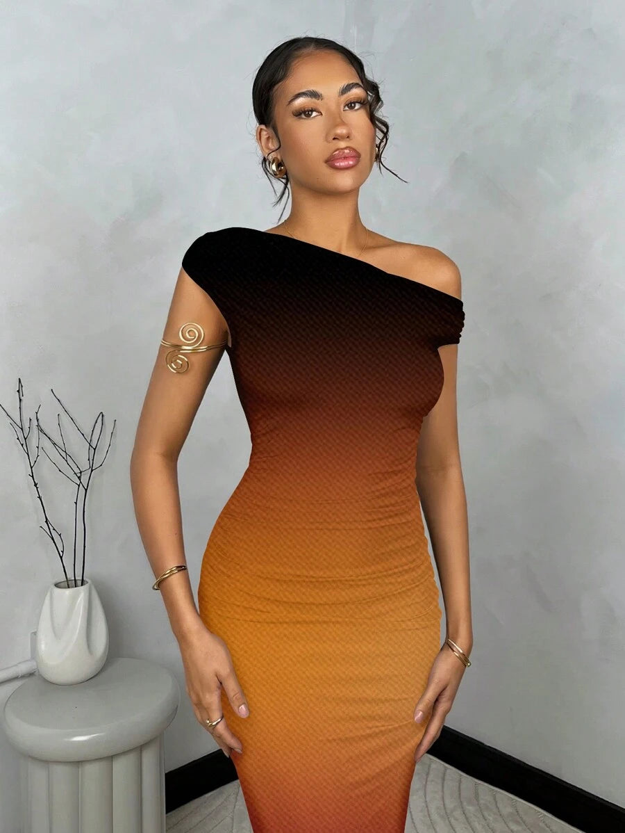 SHEIN BAE Vestido Bodycon Feminino Preto Sólido com Gola Assimétrica e Babados, Verão