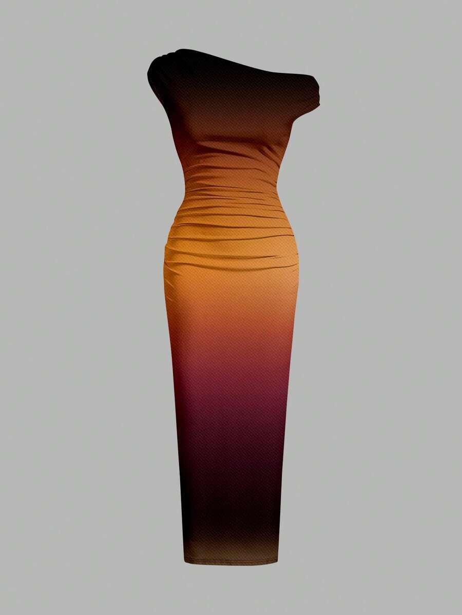 SHEIN BAE Vestido Bodycon Feminino Preto Sólido com Gola Assimétrica e Babados, Verão