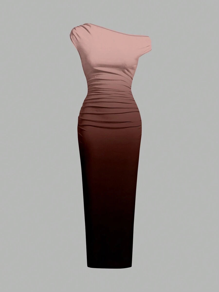 SHEIN BAE Vestido Bodycon Feminino Preto Sólido com Gola Assimétrica e Babados, Verão