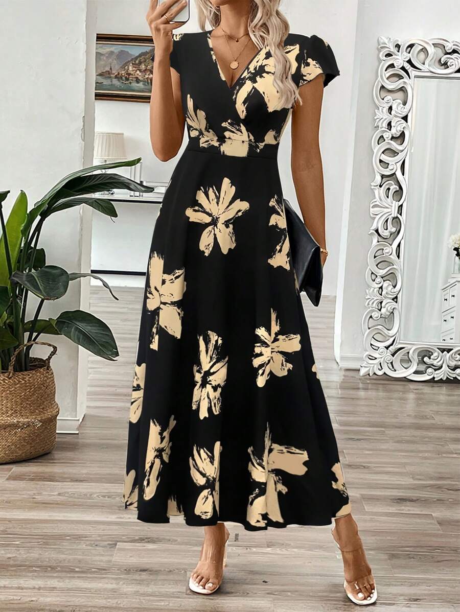EMERY ROSE Vestido longo de verão feminino com decote em V e estampa floral com cintura evasê e maxi roupa feminina
