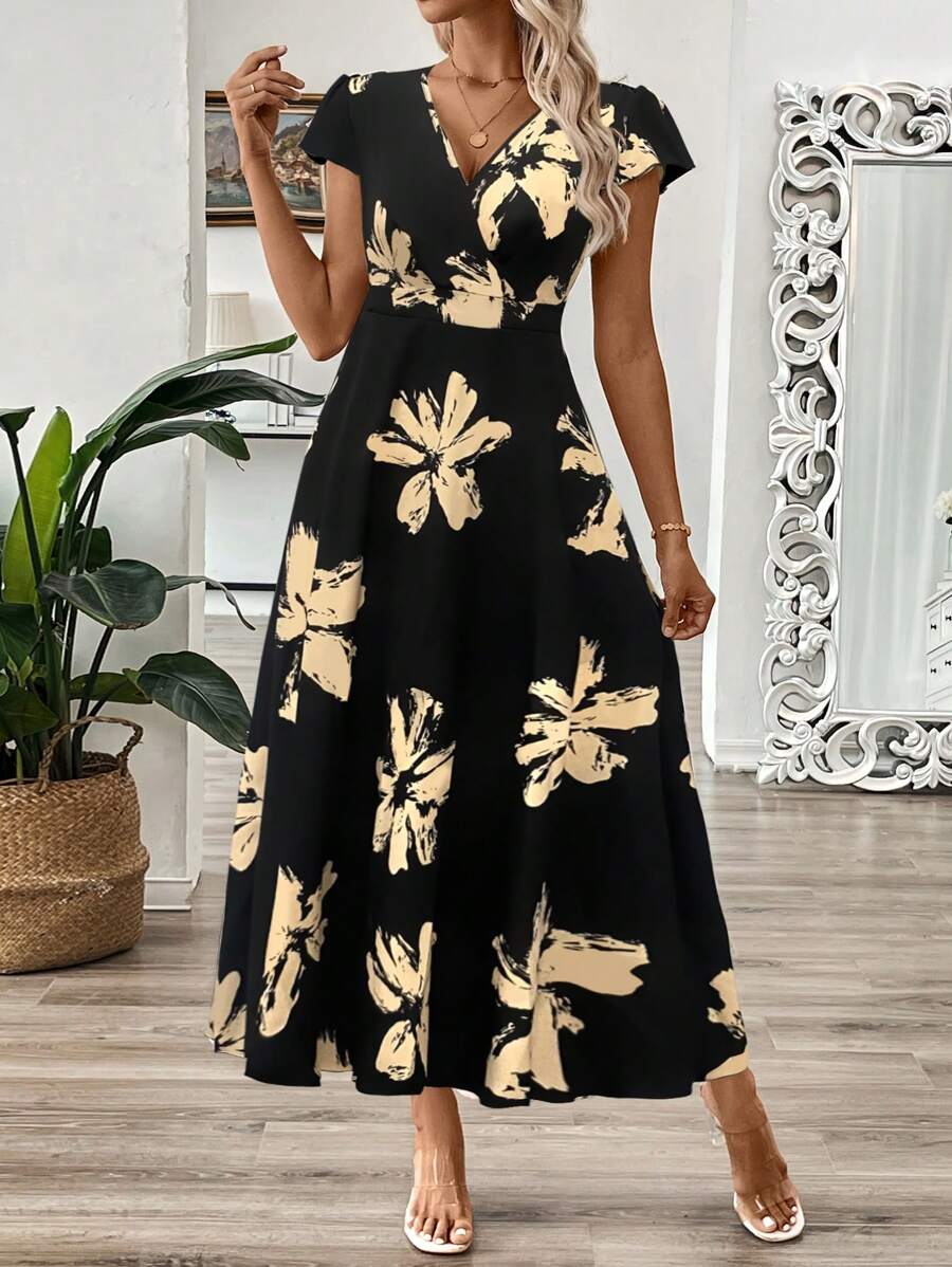 EMERY ROSE Vestido longo de verão feminino com decote em V e estampa floral com cintura evasê e maxi roupa feminina