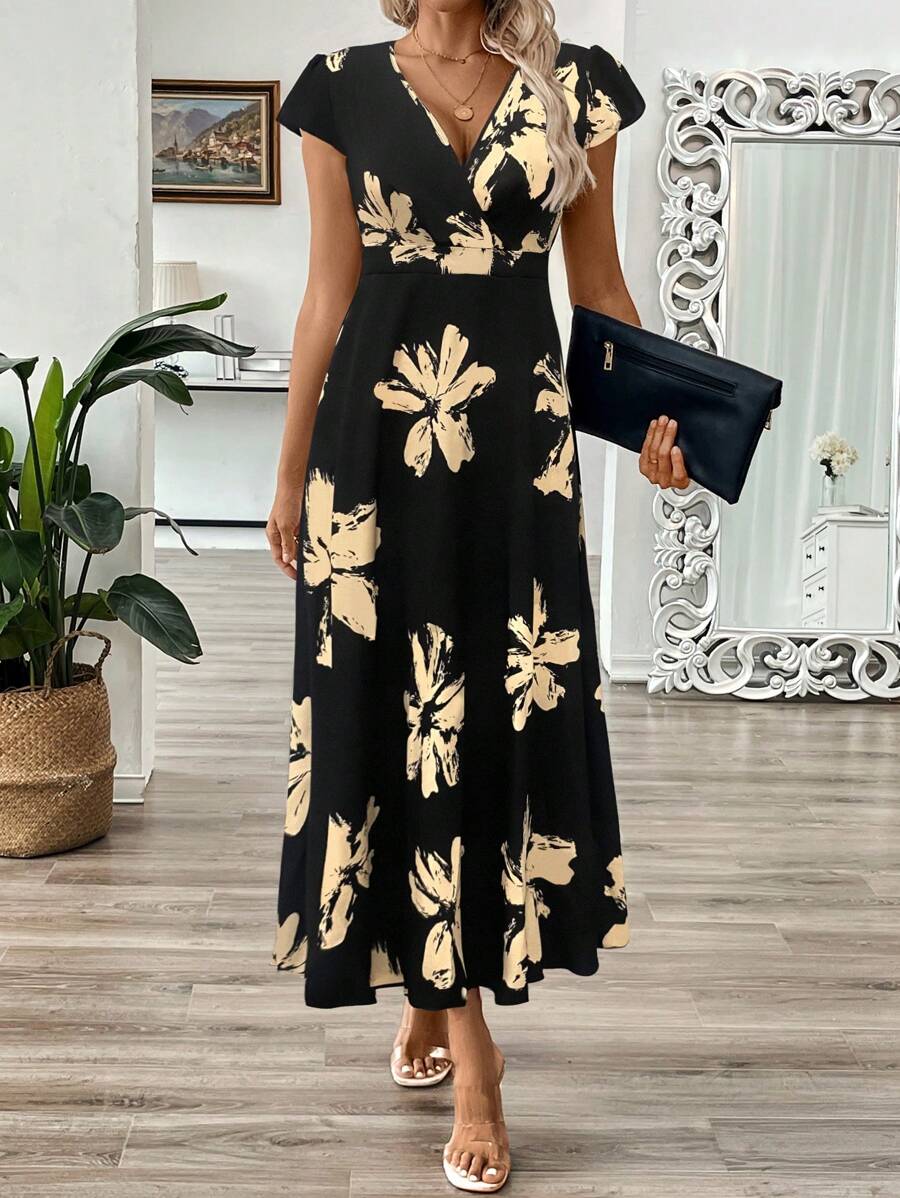 EMERY ROSE Vestido longo de verão feminino com decote em V e estampa floral com cintura evasê e maxi roupa feminina