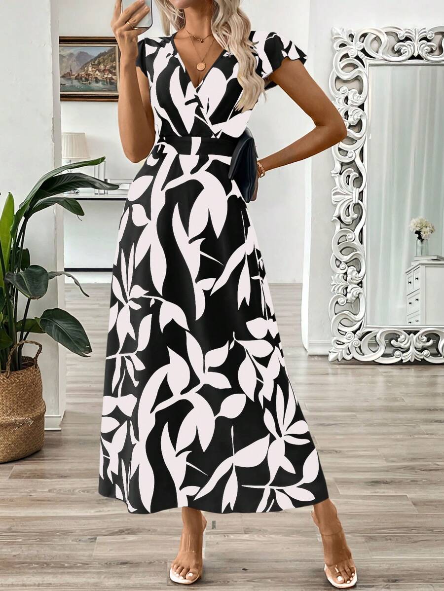 EMERY ROSE Vestido longo de verão feminino com decote em V e estampa floral com cintura evasê e maxi roupa feminina