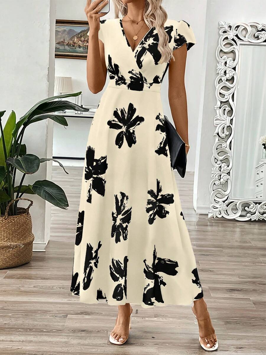EMERY ROSE Vestido longo de verão feminino com decote em V e estampa floral com cintura evasê e maxi roupa feminina