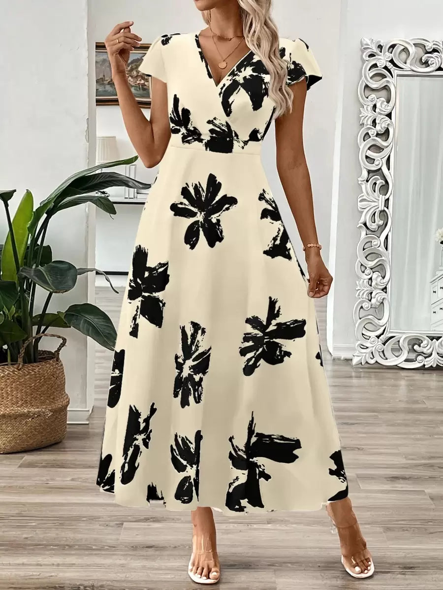 EMERY ROSE Vestido longo de verão feminino com decote em V e estampa floral com cintura evasê e maxi roupa feminina