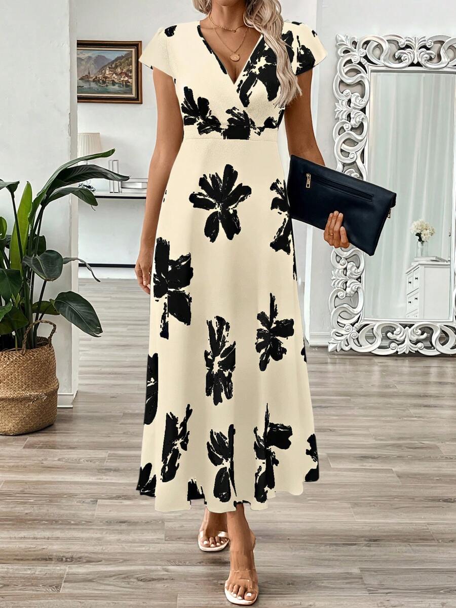 EMERY ROSE Vestido longo de verão feminino com decote em V e estampa floral com cintura evasê e maxi roupa feminina