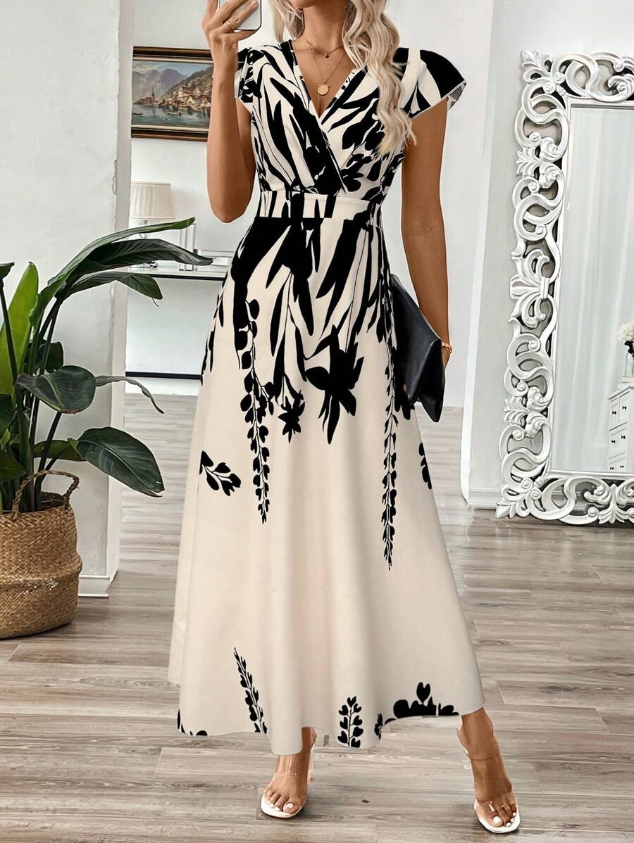 EMERY ROSE Vestido longo de verão feminino com decote em V e estampa floral com cintura evasê e maxi roupa feminina