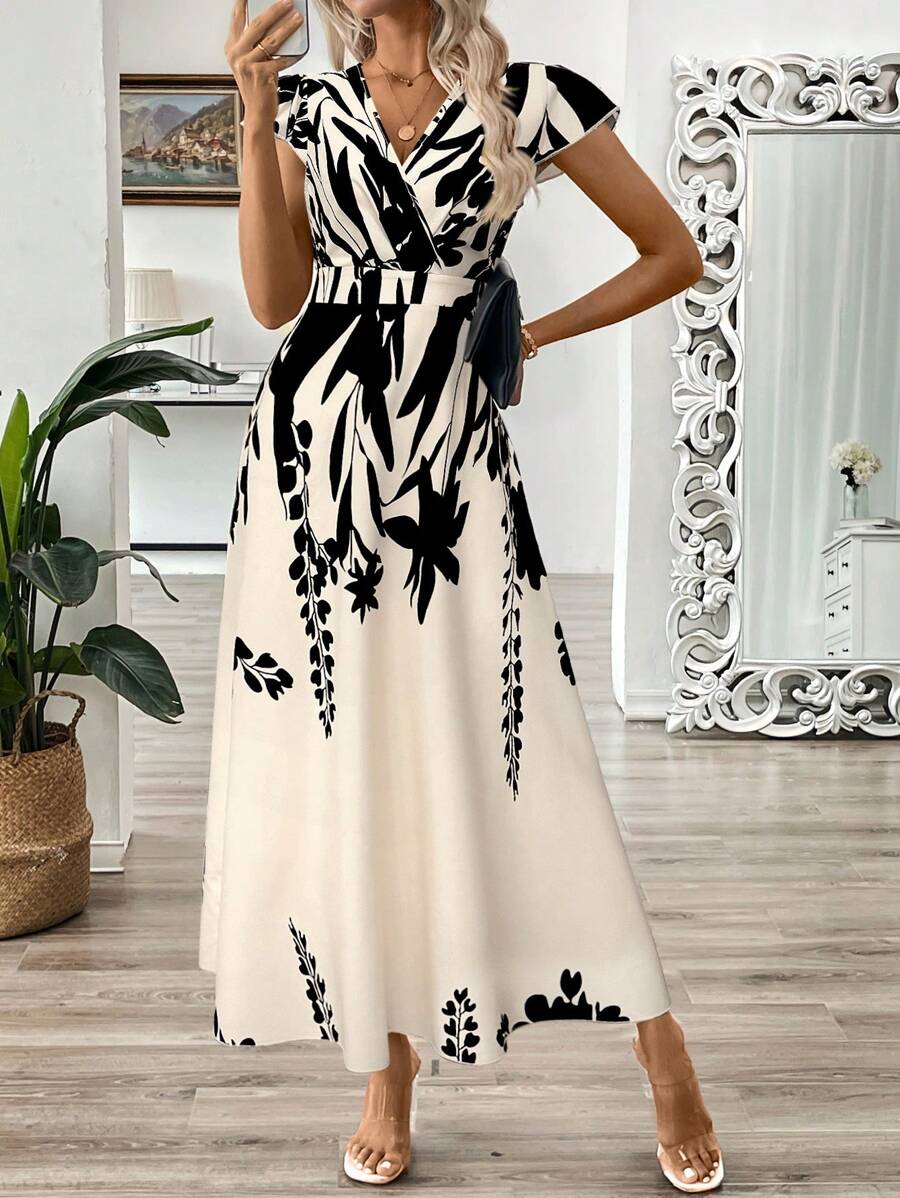 EMERY ROSE Vestido longo de verão feminino com decote em V e estampa floral com cintura evasê e maxi roupa feminina