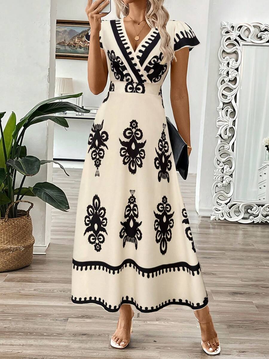 EMERY ROSE Vestido longo de verão feminino com decote em V e estampa floral com cintura evasê e maxi roupa feminina