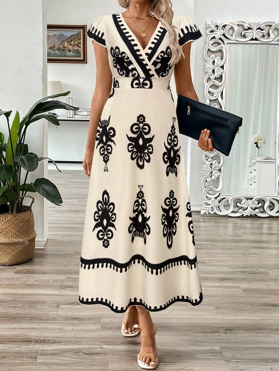 EMERY ROSE Vestido longo de verão feminino com decote em V e estampa floral com cintura evasê e maxi roupa feminina
