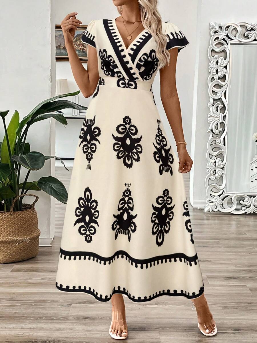EMERY ROSE Vestido longo de verão feminino com decote em V e estampa floral com cintura evasê e maxi roupa feminina
