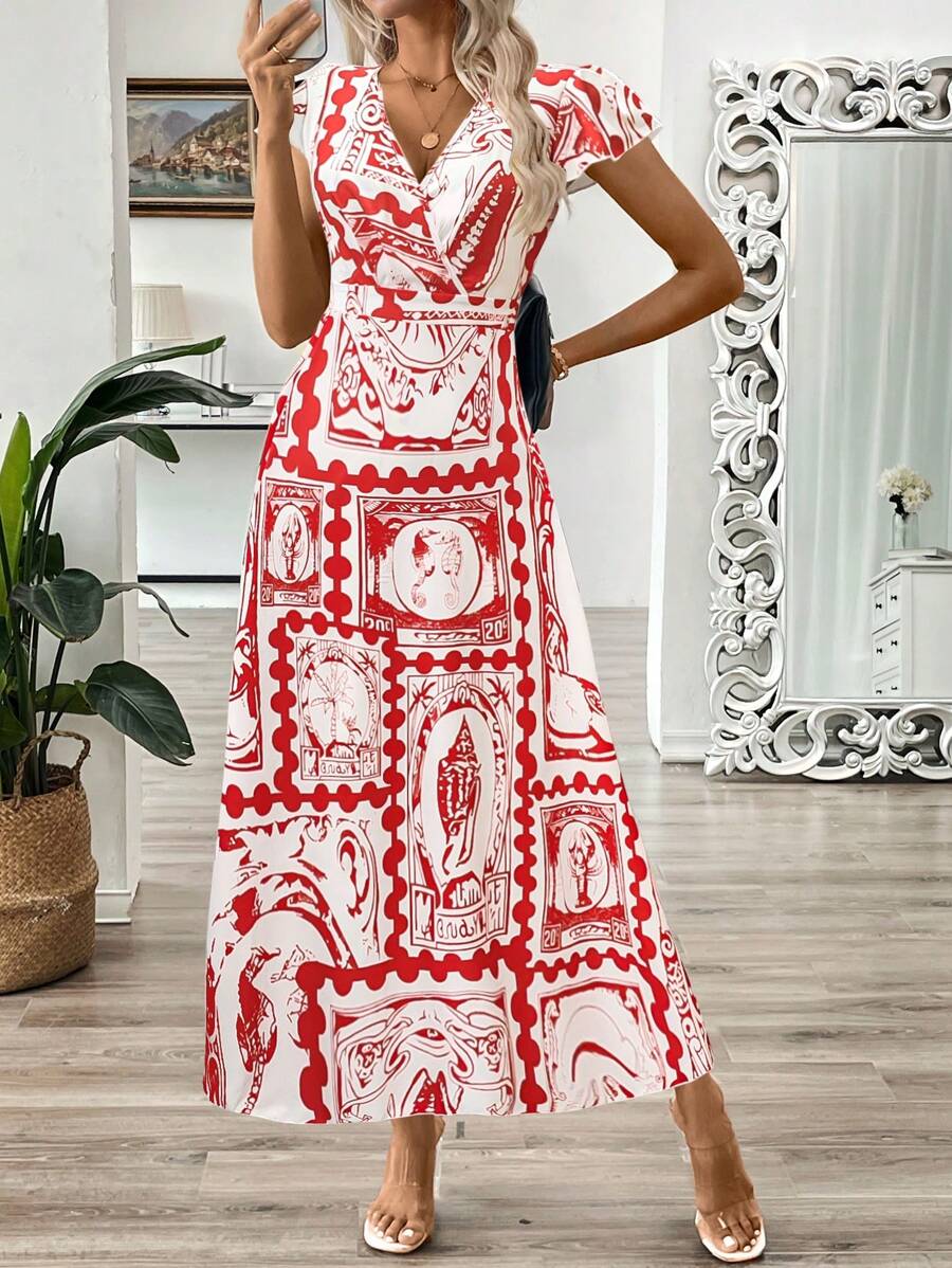 EMERY ROSE Vestido longo de verão feminino com decote em V e estampa floral com cintura evasê e maxi roupa feminina