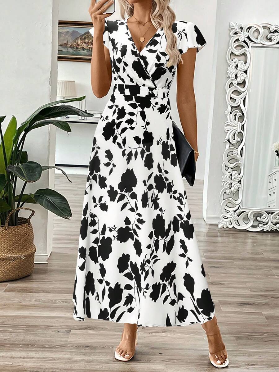 EMERY ROSE Vestido longo de verão feminino com decote em V e estampa floral com cintura evasê e maxi roupa feminina