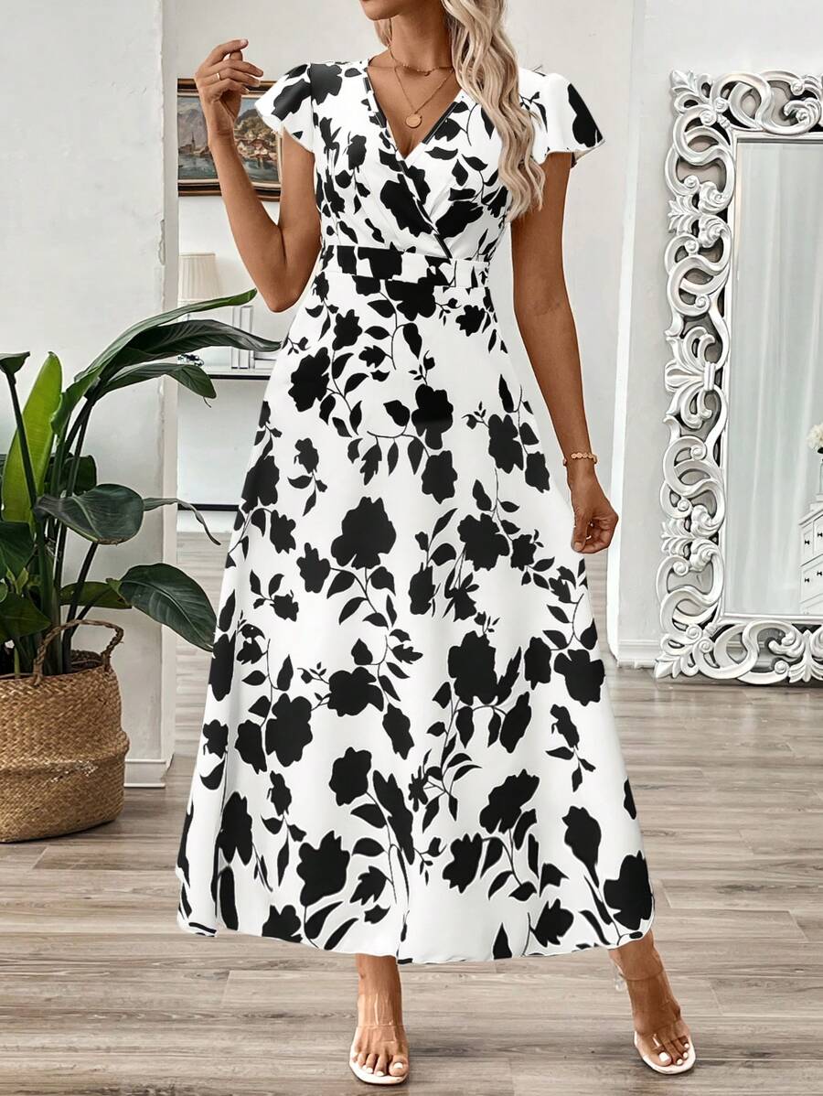 EMERY ROSE Vestido longo de verão feminino com decote em V e estampa floral com cintura evasê e maxi roupa feminina