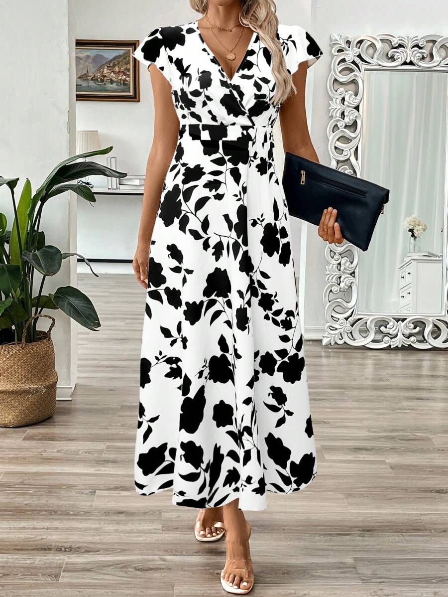 EMERY ROSE Vestido longo de verão feminino com decote em V e estampa floral com cintura evasê e maxi roupa feminina