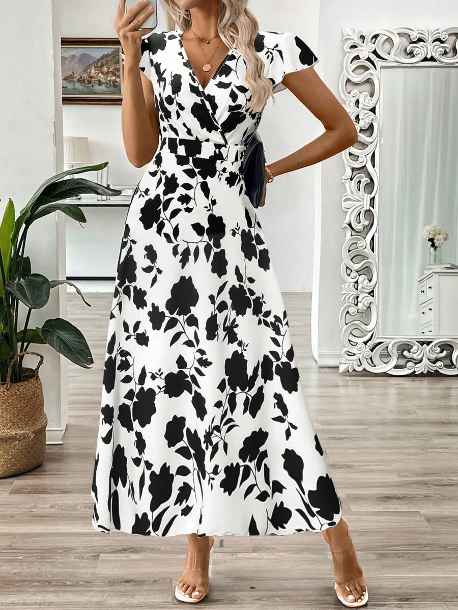 EMERY ROSE Vestido longo de verão feminino com decote em V e estampa floral com cintura evasê e maxi roupa feminina