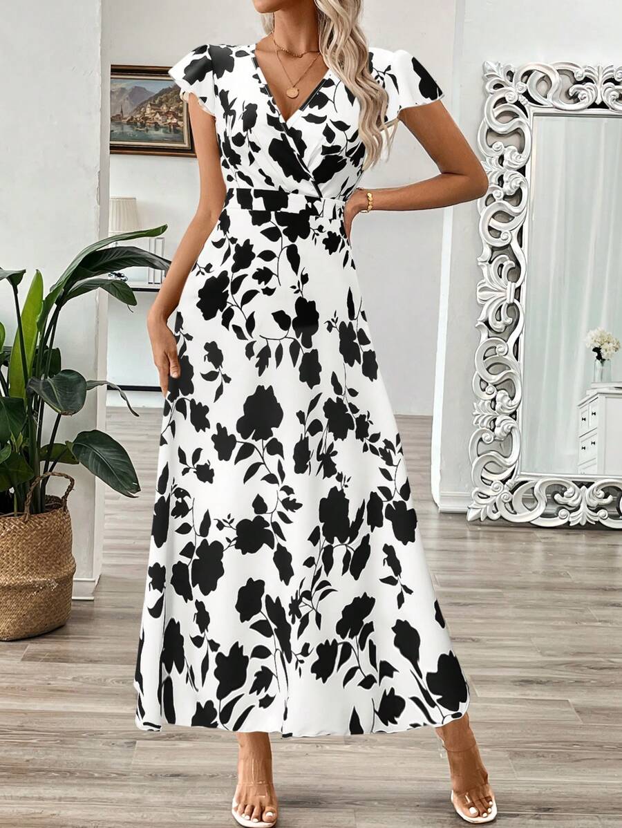 EMERY ROSE Vestido longo de verão feminino com decote em V e estampa floral com cintura evasê e maxi roupa feminina