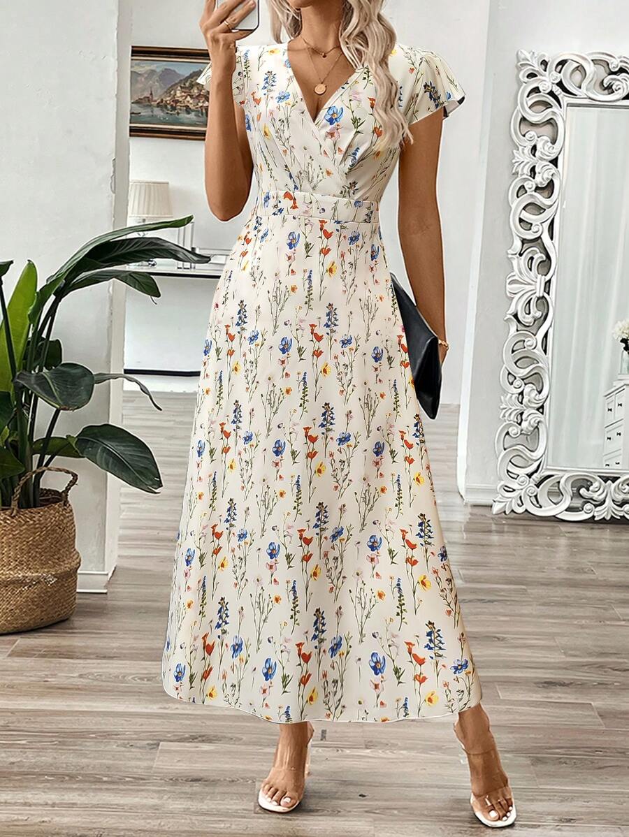 EMERY ROSE Vestido longo de verão feminino com decote em V e estampa floral com cintura evasê e maxi roupa feminina