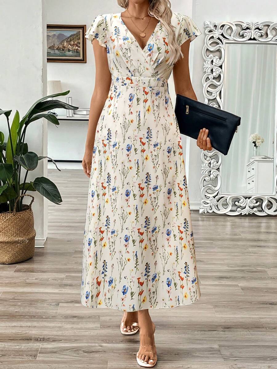 EMERY ROSE Vestido longo de verão feminino com decote em V e estampa floral com cintura evasê e maxi roupa feminina