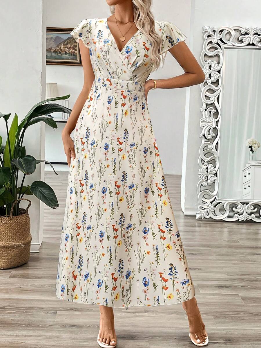 EMERY ROSE Vestido longo de verão feminino com decote em V e estampa floral com cintura evasê e maxi roupa feminina