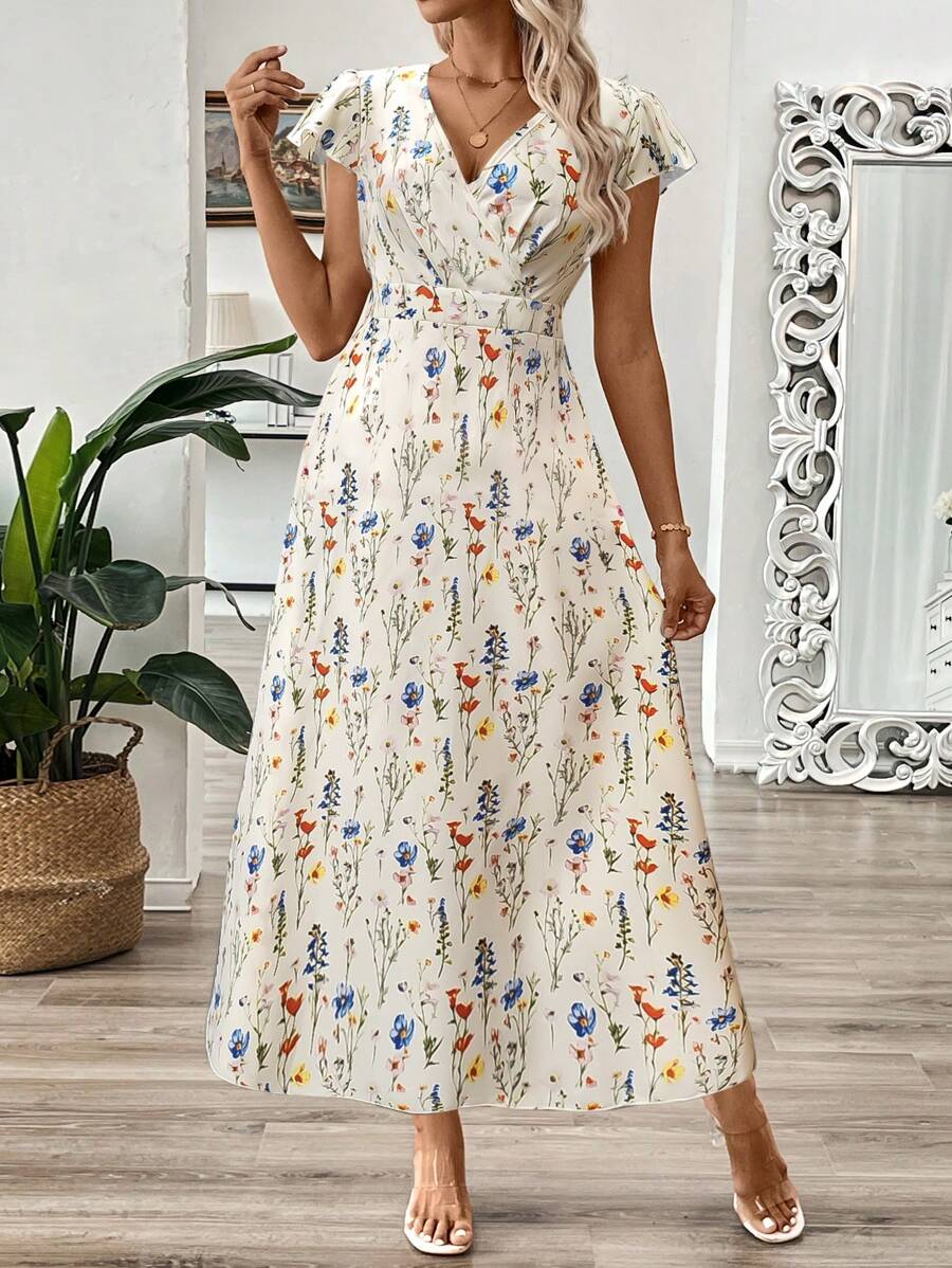 EMERY ROSE Vestido longo de verão feminino com decote em V e estampa floral com cintura evasê e maxi roupa feminina