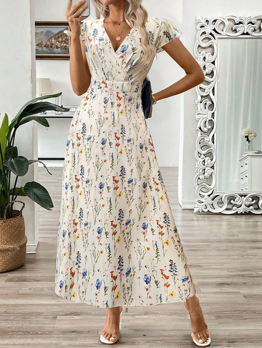 EMERY ROSE Vestido longo de verão feminino com decote em V e estampa floral com cintura evasê e maxi roupa feminina