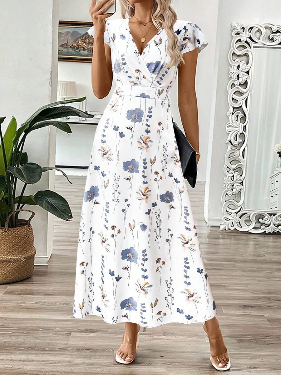 EMERY ROSE Vestido longo de verão feminino com decote em V e estampa floral com cintura evasê e maxi roupa feminina