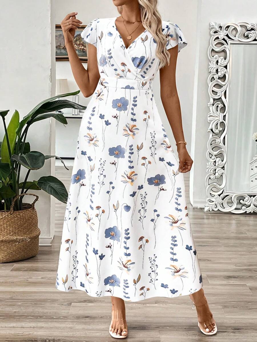 EMERY ROSE Vestido longo de verão feminino com decote em V e estampa floral com cintura evasê e maxi roupa feminina