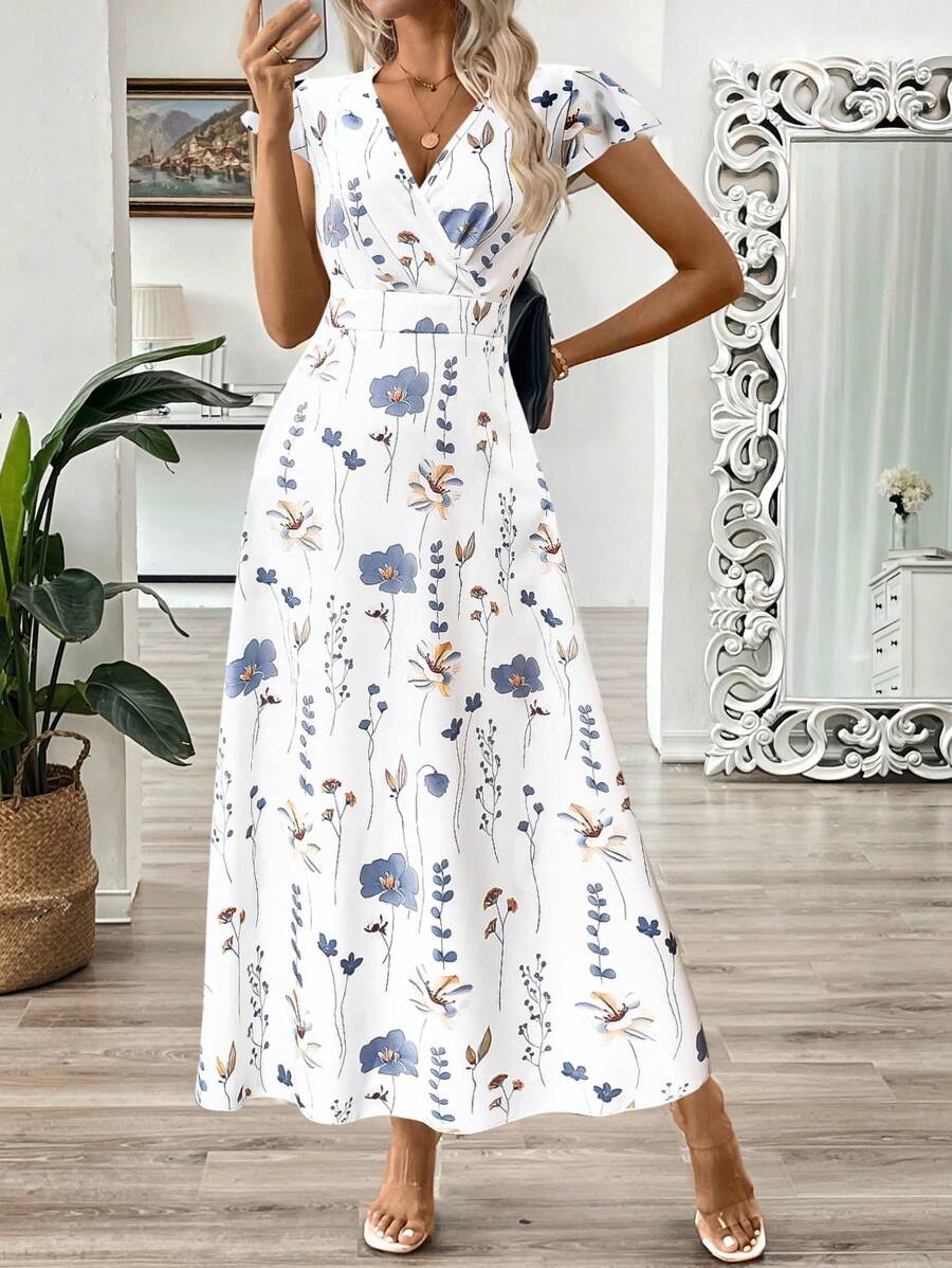 EMERY ROSE Vestido longo de verão feminino com decote em V e estampa floral com cintura evasê e maxi roupa feminina