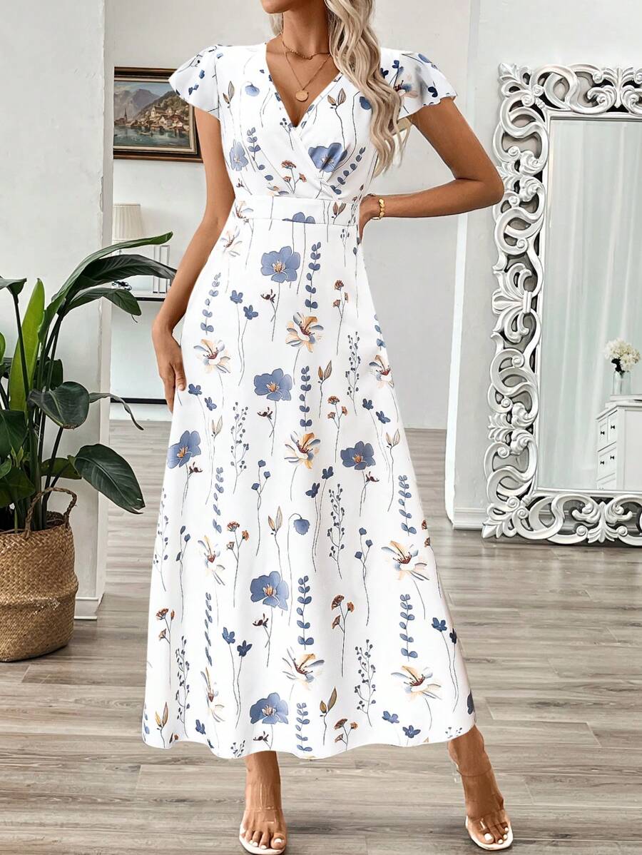 EMERY ROSE Vestido longo de verão feminino com decote em V e estampa floral com cintura evasê e maxi roupa feminina