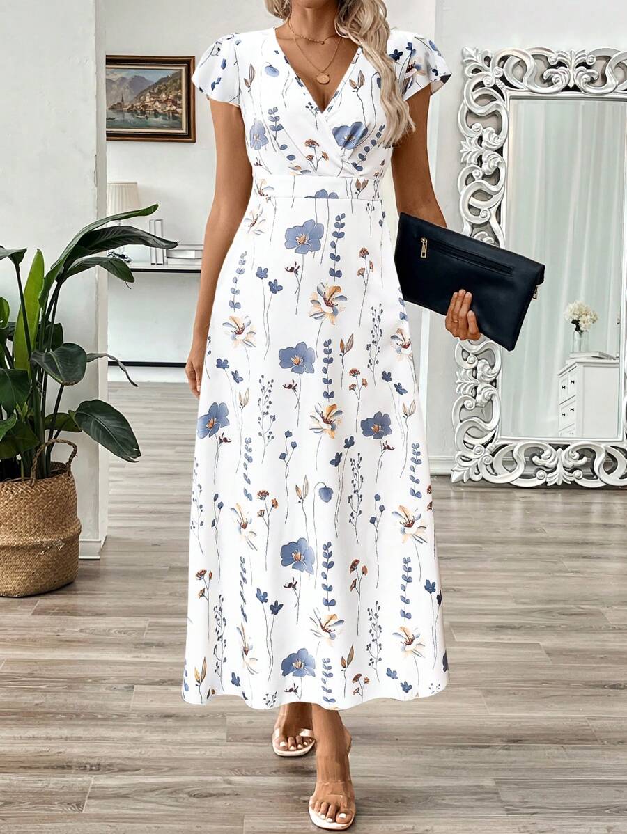 EMERY ROSE Vestido longo de verão feminino com decote em V e estampa floral com cintura evasê e maxi roupa feminina