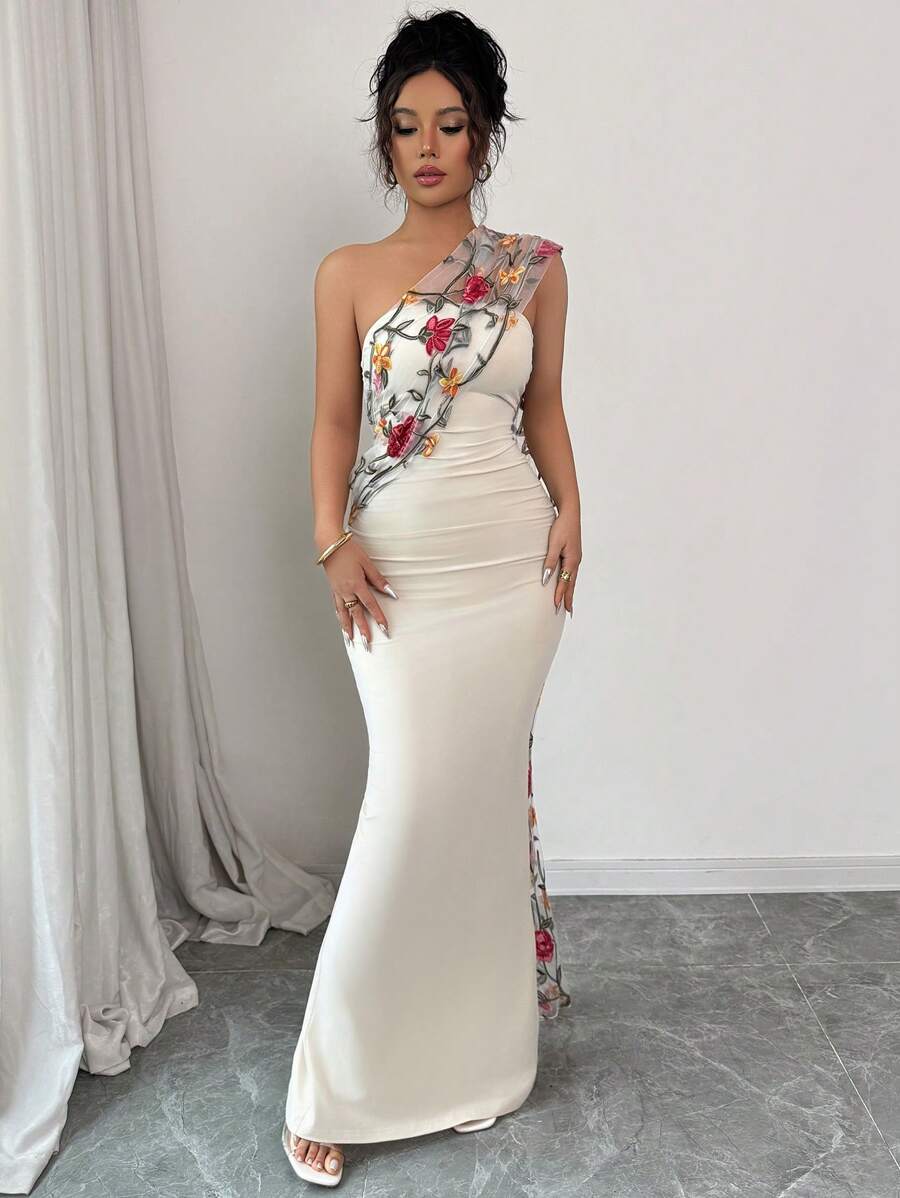 Rafferiza Vestido feminino elegante de malha bordada com xale e bodycon, sem mangas