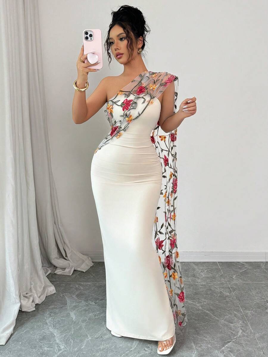 Rafferiza Vestido feminino elegante de malha bordada com xale e bodycon, sem mangas