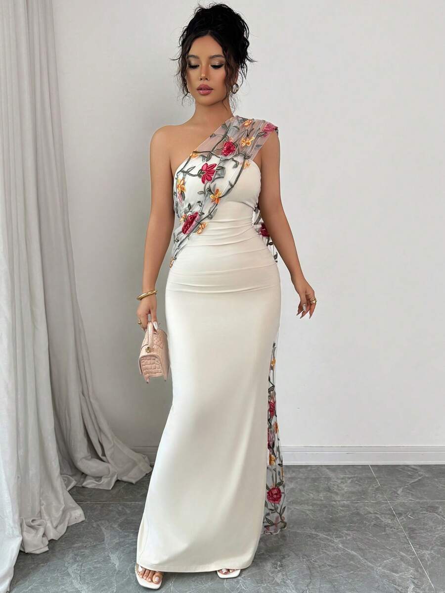 Rafferiza Vestido feminino elegante de malha bordada com xale e bodycon, sem mangas