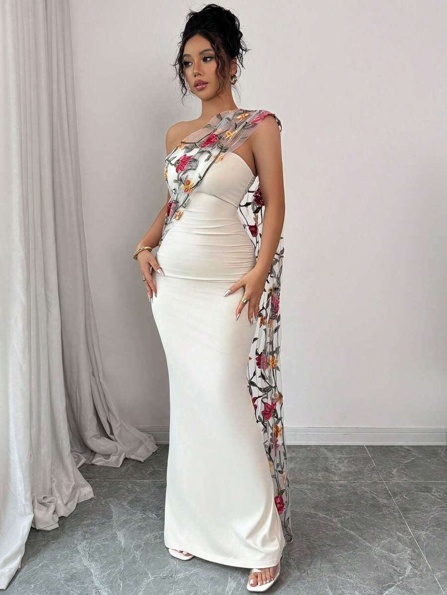 Rafferiza Vestido feminino elegante de malha bordada com xale e bodycon, sem mangas