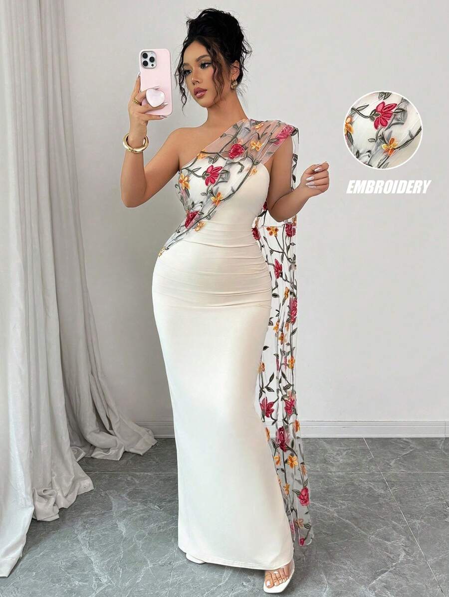 Rafferiza Vestido feminino elegante de malha bordada com xale e bodycon, sem mangas
